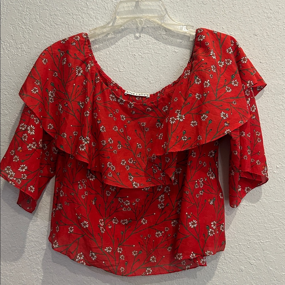 Alice + Olivia Meghan off the Shoulder Red silk blend Floral Top